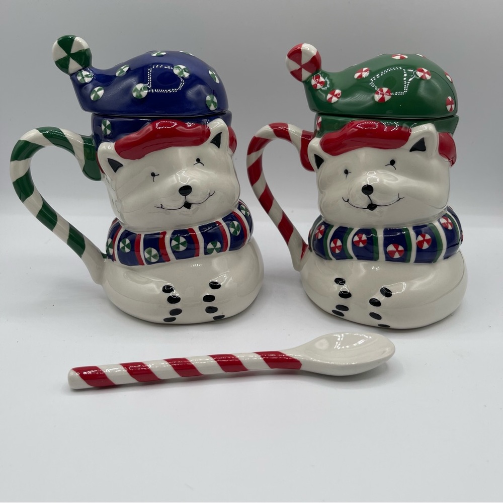 Exclusive Set Of 2 Polar Bear‎ Mugs Hat Lids & 1 Spoon by Princess House 4.5”
